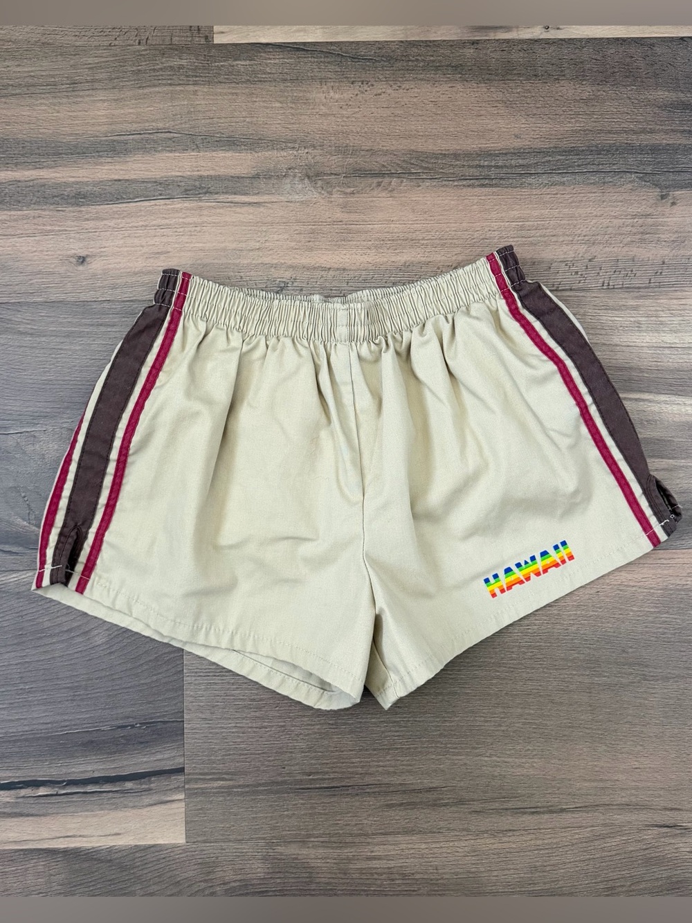 Vintage 70's Retro Hawaii Swim Trunks - Khaki w/brown/Maroon Side - Sz. M 32-34